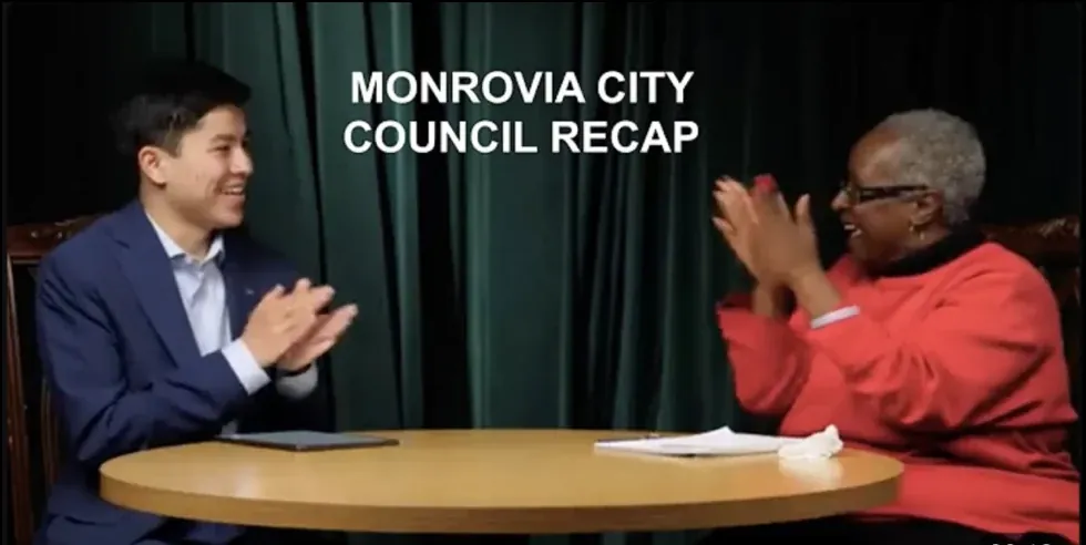 Two hosts talking at the round table on the KGEM set for the Monrovia City Council Recap